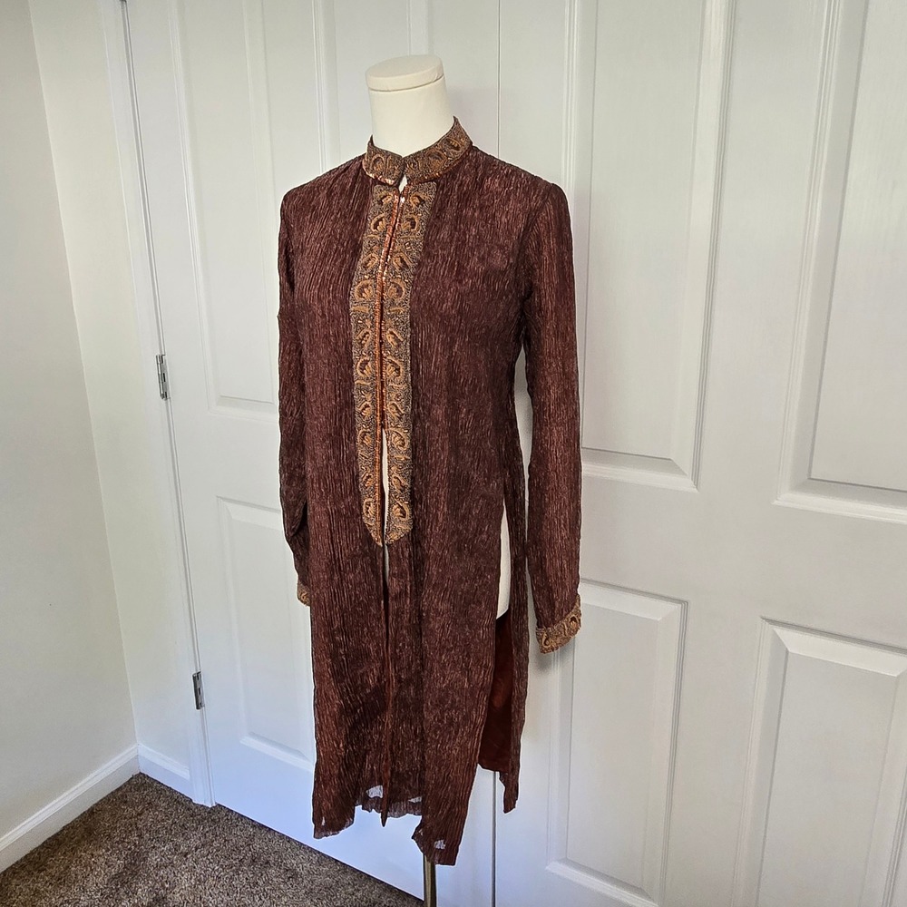 Unbranded Kurta Tunic Women Medium Brown‎ Beaded Embroidered Crinkle Plisse